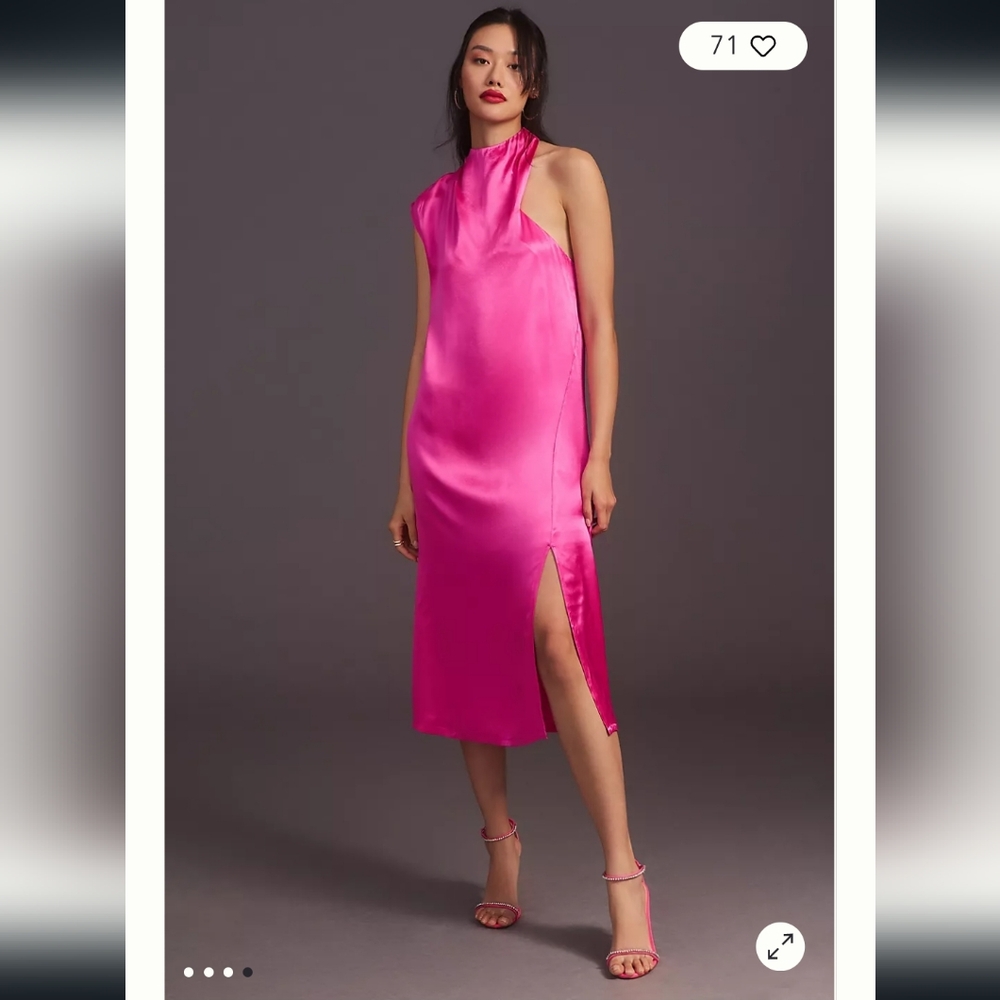 Corey Lynn Calter Hot Pink Silky Shift Dress w One Shoulder Cowl Neck Sz Medium